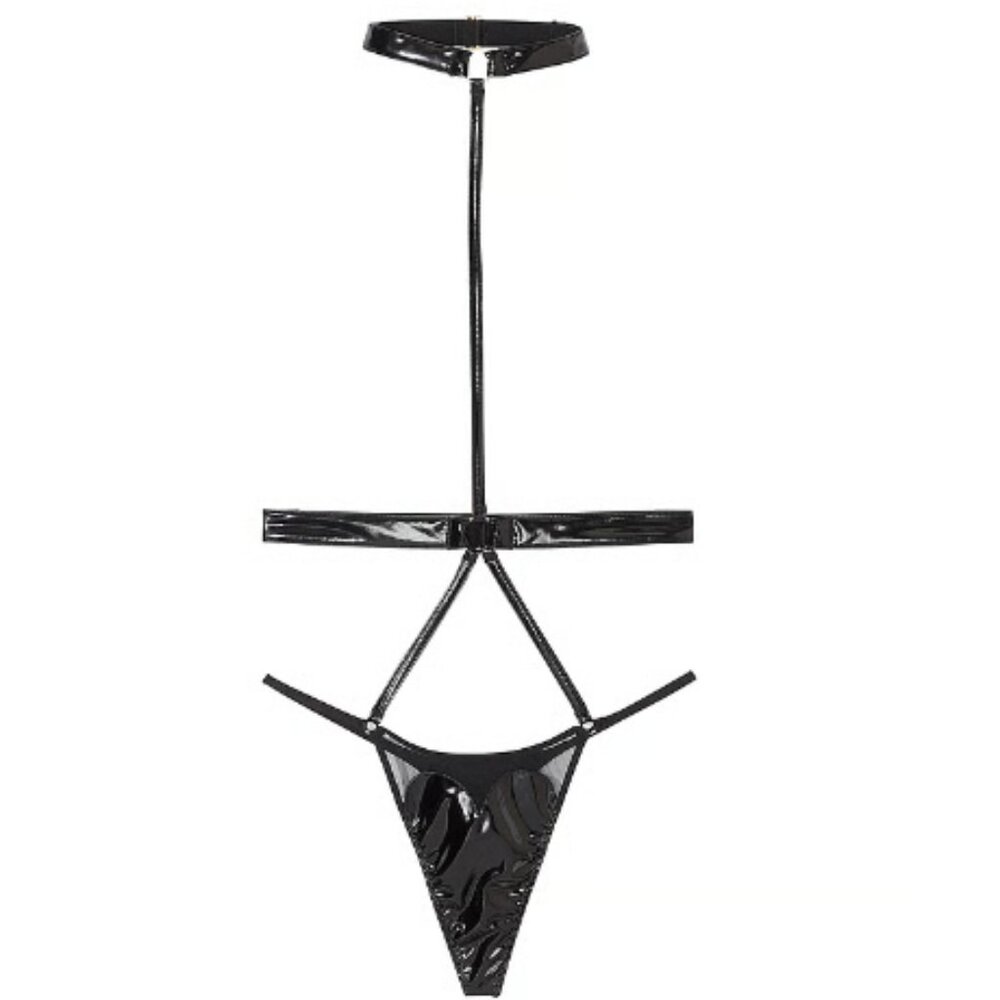 Victoria's Secret Lingerie New Choker Thong XL Faux Black Leather VS One Piece